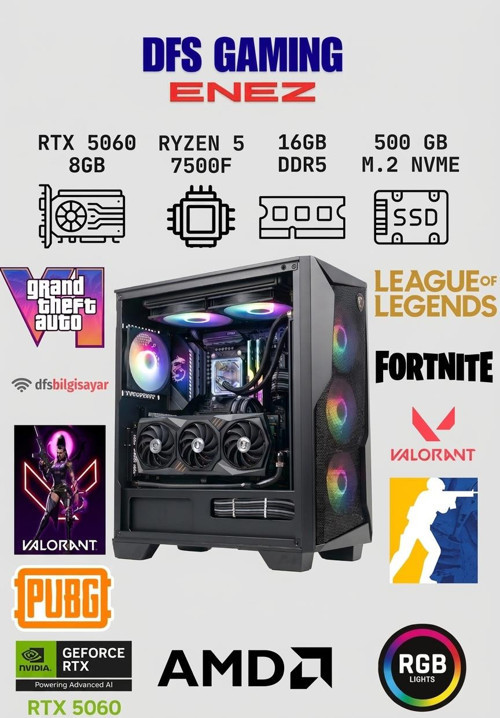 DFS Gaming ENEZ RYZEN 5 7500F-B650M-RTX 5060-16GB RAM-512GB M.2 SSD-OYUNCU BİLGİSAYARI