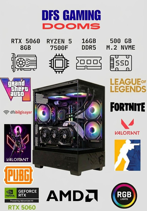 DFS Gaming DOOMS RYZEN 5 7500F-B650M-RTX 5060-16GB RAM-512GB M.2 SSD-OYUNCU BİLGİSAYARI