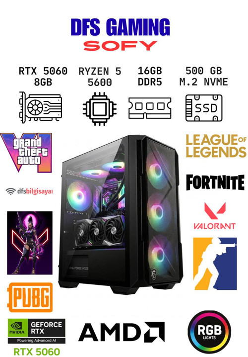 DFS Gaming SOFY RYZEN 5 5600-A520M-RTX 5060-16GB RAM-512GB M.2 SSD-OYUNCU BİLGİSAYARI