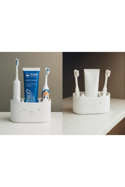 Kedi Motifli 3 Bölmeli Diş Fırçası & Diş Macunu Tutucu – Banyo Düzenleyici Organizer, 13x10 CM