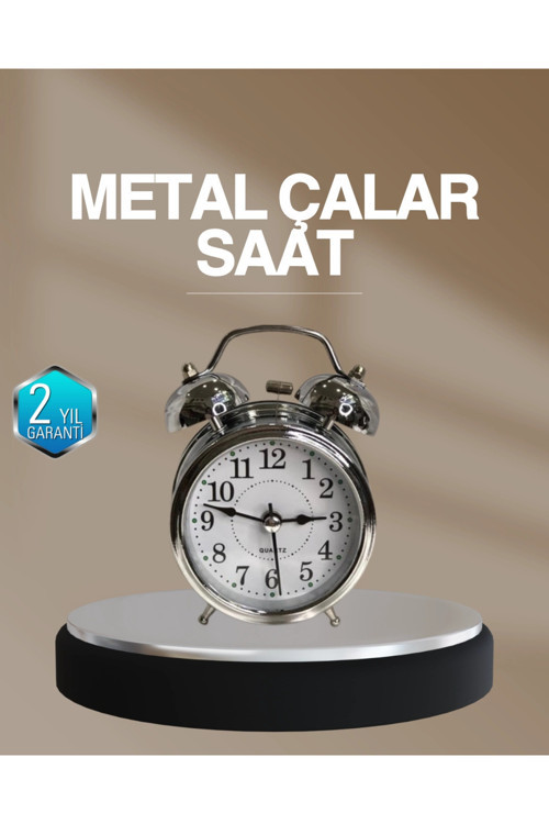 Dekoratif Yuvarlak Gümüş Sessiz Işıklı Masa Üstü Çalar Saat Alarmlı ve Şık Tasarım