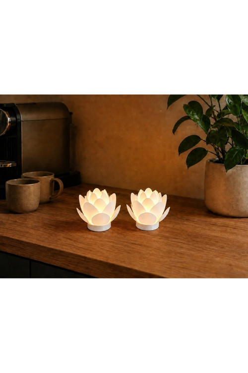 2 Li Lotus Çiçeği Mumluk Salon Ve Kahve Köşesi Dekoratif Tealight Mumluk. Pilli Mum Dahildir. 2 Adet Hediyelik Lotus Çiçeği Mumluk
