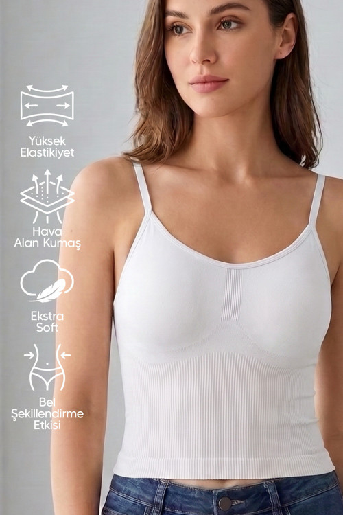 Fastelo Model Düz Hafif Toparlayıcı Dikişsiz Ayar Askılı Örme Korse Atlet Beyaz Renk