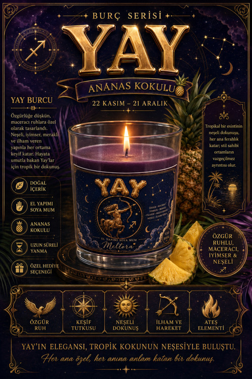 Yay Burcu Ananas Kokulu Cam Bardak Mum ♐🏹🍍 Mor Renkli Burç Yorumu Detaylı Dekoratif Soya Mum