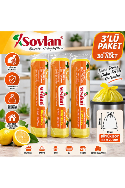 Limon Kokulu Büzgülü Çöp Torbası Büyük Boy 65x70 cm 3'lü Paket 30 Adet