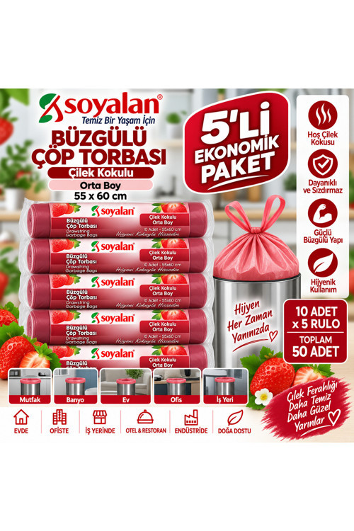 Büzgülü Çöp Torbası Çilek Kokulu Orta Boy 55x60 cm 5 Rulo 50 Adet