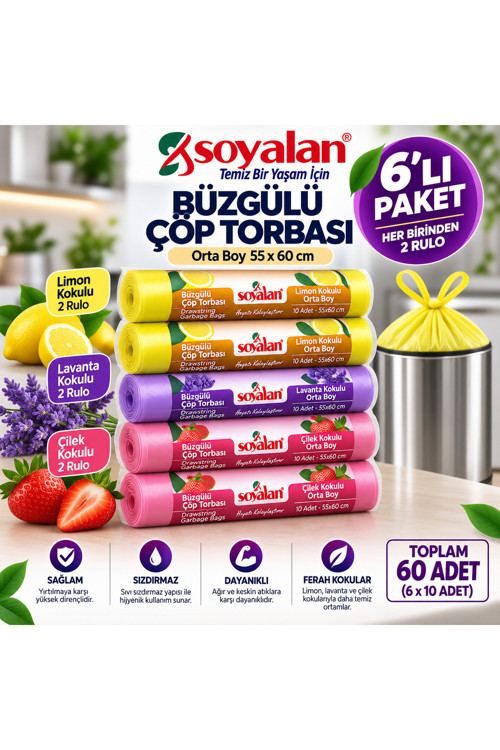 Büzgülü Çöp Torbası Orta Boy 55x60 cm 6 Rulo 3 Farklı Koku Limon Lavanta Çilek