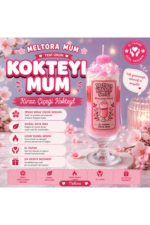 Premium Kokteyl Serisi Kiraz Çiçeği Kokteyl Mum 🍸🌸 El Yapımı Dekoratif Soya Mum