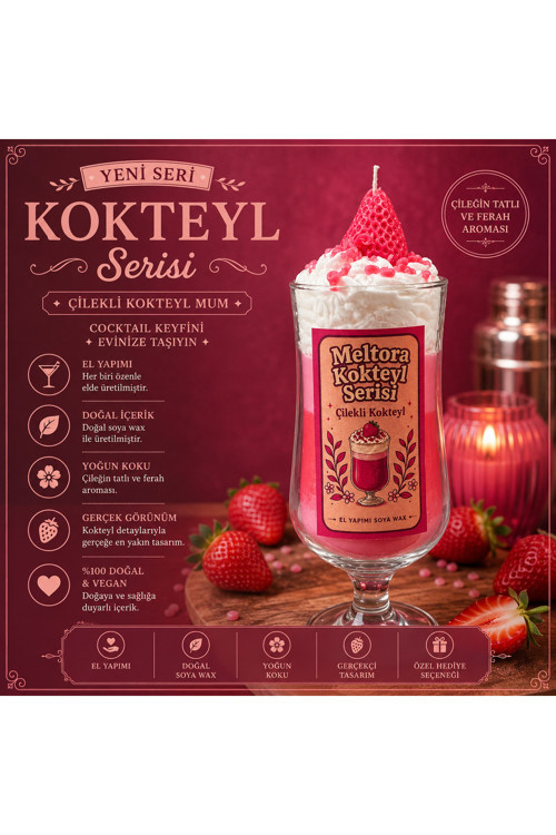 Premium Kokteyl Serisi Çilekli Kokteyl Mum 🍸🍓 El Yapımı Dekoratif Soya Mum