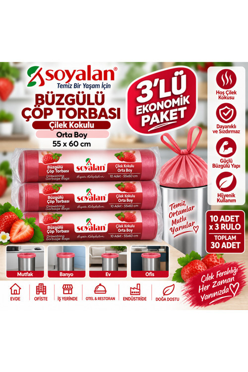 Büzgülü Çöp Torbası Çilek Kokulu Orta Boy 55x60 cm 3 Rulo 30 Adet