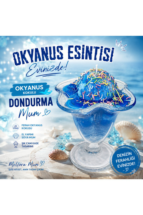 Okyanus Kokulu Dondurma Kase Mum 🌊🍦 Cam Kasede Mavi Soslu El Yapımı Dekoratif Soya Mum