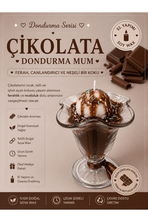 Çikolata Kokulu Dondurma Kase Mum 🍫🍦 Cam Kasede Çikolata Soslu El Yapımı Dekoratif Soya Mum