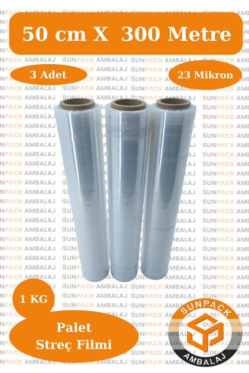 Streç Film 50cm 3 Adet, Şeffaf, 23 Mikron, 1000 Gr, Dayanıklı Eşya, Koli ve Palet Streci