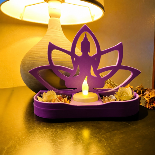 3D Baskı Lotus Buda Mumluk - Dekoratif Tealight Mumluk-Mor