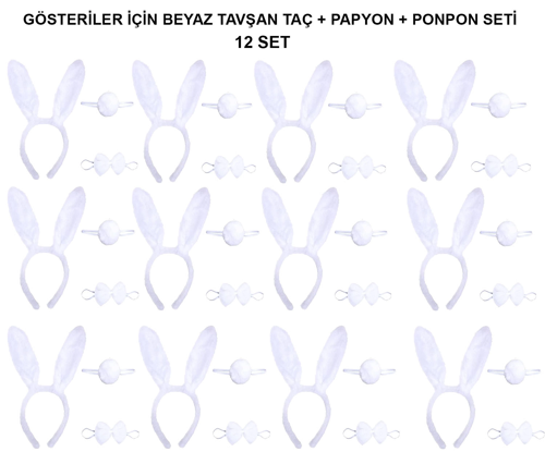 Beyaz Tavşan Kostüm Seti – Taç, Papyon, Kuyruk (12’li Paket) Bx40