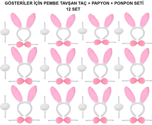 Pembe Tavşan Kostüm Seti – Taç, Papyon, Ponpon (12’li Paket) Bx40
