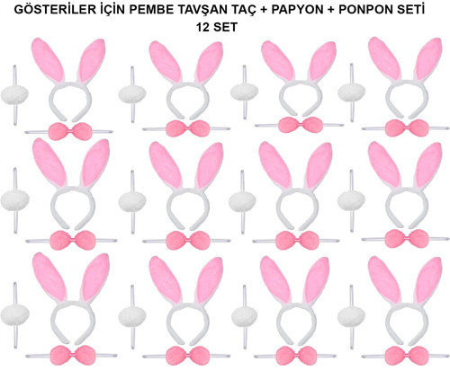 Mey İthalat® Pembe Tavşan Kostüm Seti – Taç, Papyon, Ponpon (12’li Paket)