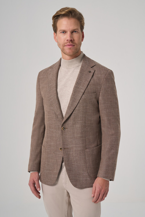 Erkek KAHVE Poliviskon Trend Desenli Dynamic Fit Mono Yaka Ceket