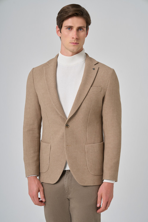 Erkek Bej Poliviskon Trend Desenli Slim Fit Mono Yaka Dokuma Ceket