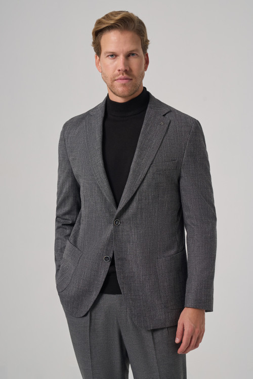 Erkek Siyah Poliviskon Trend Desenli Dynamic Fit Mono Yaka Ceket