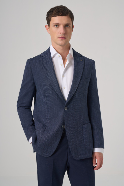 Erkek Marine Poliviskon Trend Desenli Dynamic Fit Mono Yaka Ceket