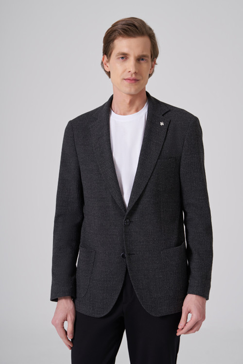 Erkek Siyah Yünlü Trend Desenli Slim Fit Mono Yaka Ceket