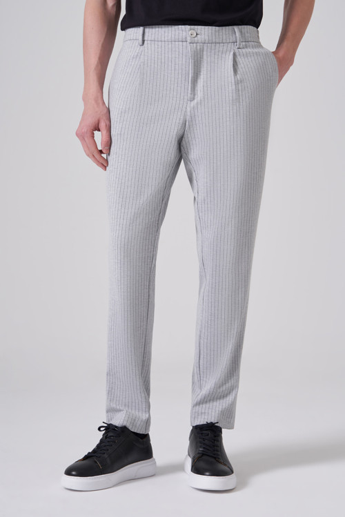 Erkek Gri Trend Çizgili Slim Fit Pantolon