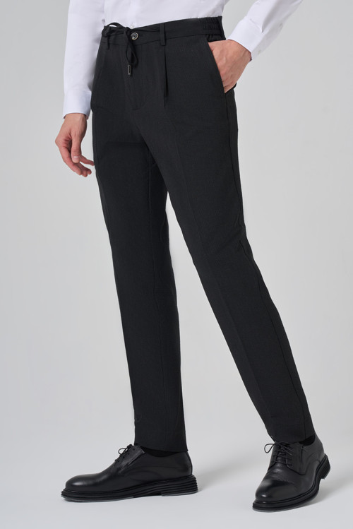 Erkek Siyah Poliviskon Trend Çizgili Slim Fit Jogger Pantolon