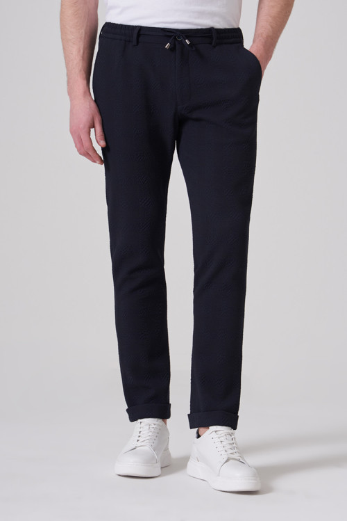 Erkek Lacivert Trend Ekose Lastikli İpli Slim Fit Pantolon