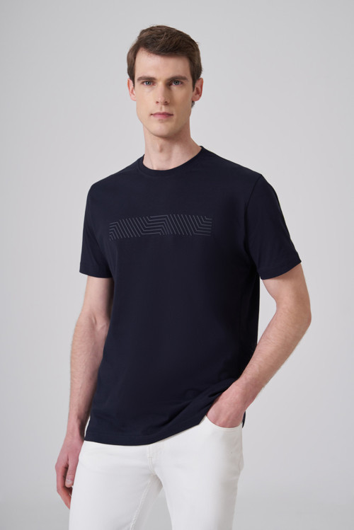 Erkek Lacivert Trend Baskılı Bisiklet Yaka Dinamik Fit T-shirt