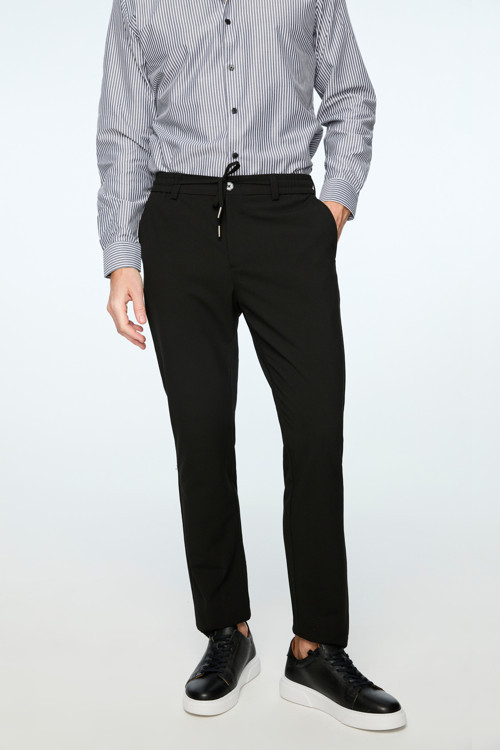 Erkek Siyah Poliviskon Trend Düz Slim Fit Jogger Pantolon