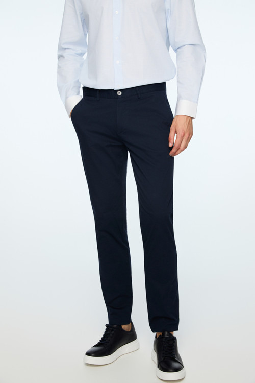Erkek Lacivert Pamuk Trend Düz Slim Fit Chino Pantolon