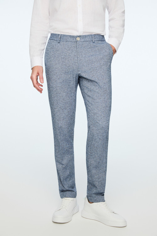 Erkek Lacivert Keten Trend Desenli Lastikli Slim Fit Pantolon