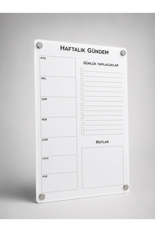 Beyaz Akrilik Haftalık Planlayıcı Yazı Tahtası Silinebilir