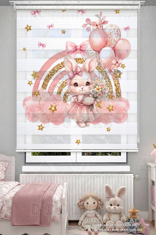Pembe Gökkuşağı ve Tavşan Desenli Çocuk Odası Perdesi - Dijital Baskılı Zebra Stor Perde