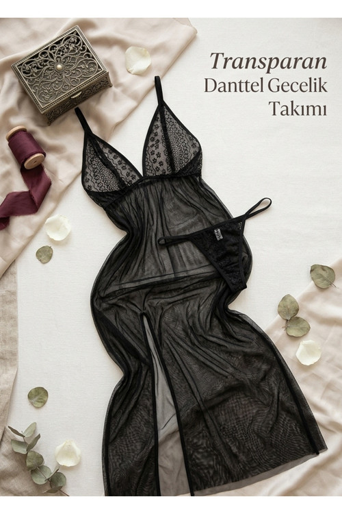Kadın Dantelli Transparan Uzun Tül Gecelik Tanga 2'Li Takım Siyah
