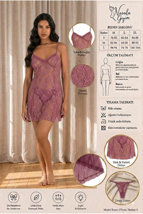 Floral Dantel Detaylı Şeffaf Mini Gecelik