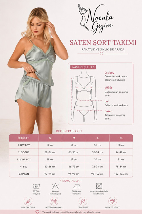 Nooala Kadın Su Yeşili Dantel Detaylı Saten Atlet Şort Takımı