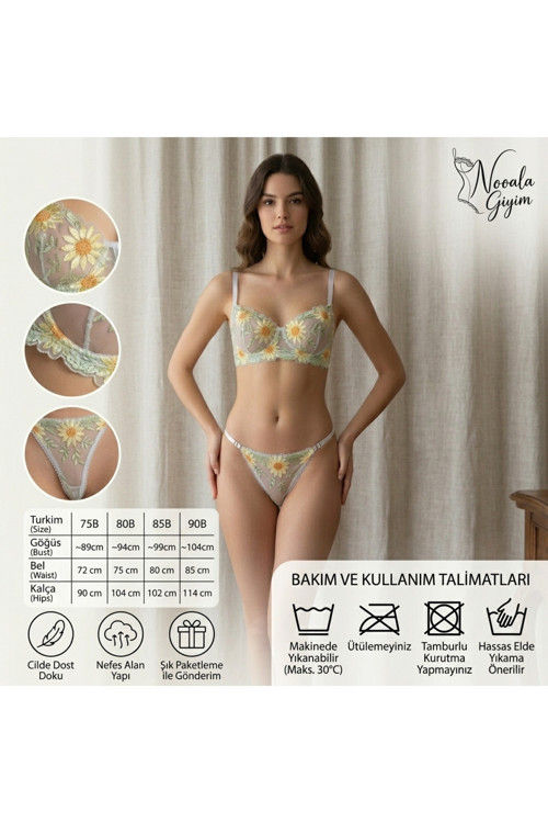 Kadın Nakışlı Şeffaf Tül Balenli İç Giyim Takımı - Floral Elegance Serisi