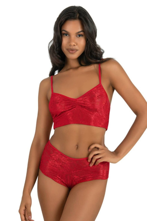 Nooala Tutku Kırmızısı Çiçek Desenli Dantel Bralet Ve Yüksek Bel Külot Takımı