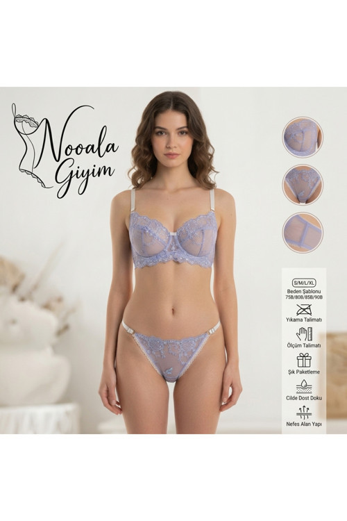 Kadın Nakışlı Şeffaf Tül Balenli İç Giyim Takımı - Floral Elegance Serisi