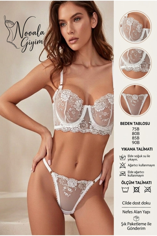 Kadın Nakışlı Şeffaf Tül Balenli İç Giyim Takımı - Floral Elegance Serisi