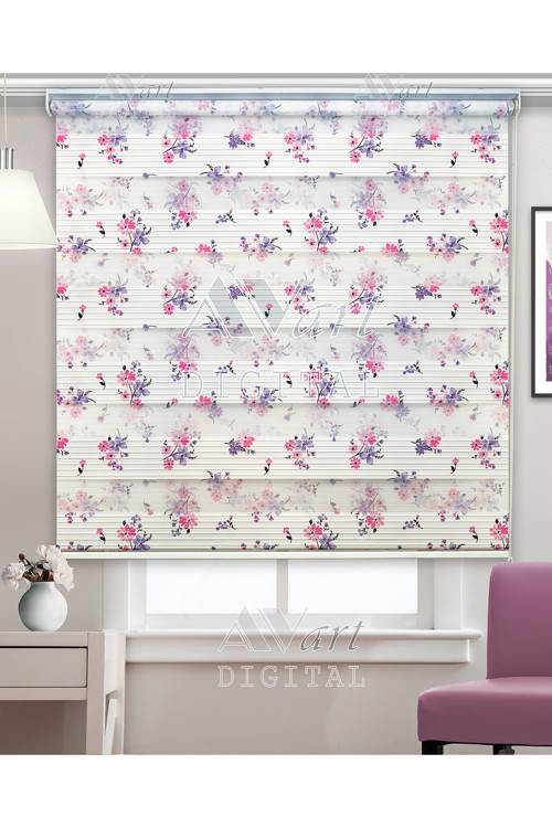 Pembe Ve Mor Çiçek Baskılı Zebra Perde - Dijital Baskılı Zebra Perde