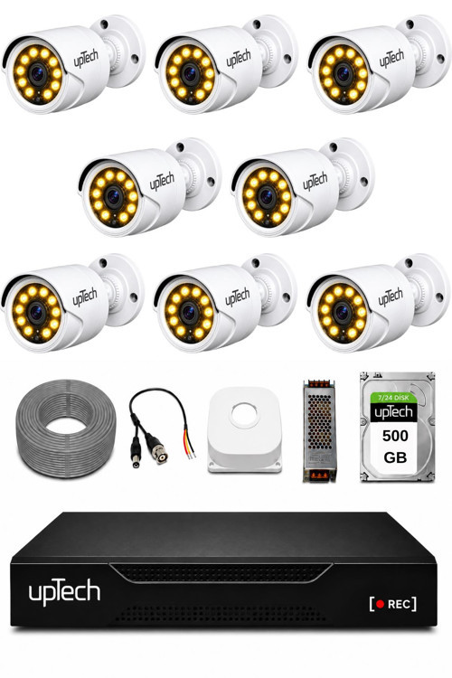 Full HD 8 Kameralı Gece Renkli Görüş Su Geçirmez Güvenlik Kamera Seti 1 TB HDD 2239