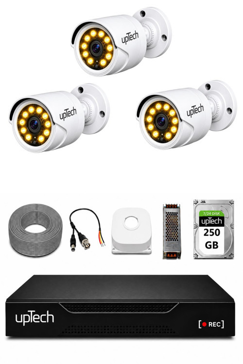 Full HD 3 Kameralı Gece Renkli Görüş Su Geçirmez Güvenlik Kamera Seti 250GB HDD 2239