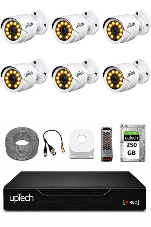 Full HD 6 Kameralı Gece Renkli Görüş Su Geçirmez Güvenlik Kamera Seti 250GB HDD 2239