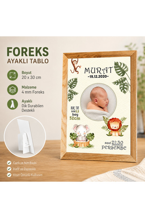 Kişiye Özel Erkek Bebek Doğum Panosu 20x30 cm Aslan Fil Temalı 4 mm Foreks Ayaklı Hatıra Tablosu (Sürpriz Hediyeli)