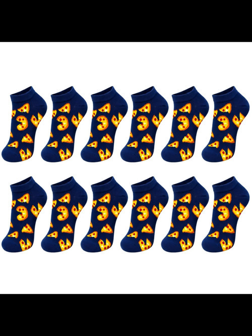 Wak Pizza Desenli 12'li Lacivert Patik Çorap Unisex Günlük Kısa Sneaker Çorap Seti Avantajlı Paket Rahat