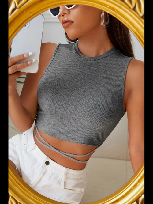 Fantezia Night Kadın Gri Çapraz Bağlamalı Crop Top Büstiyer