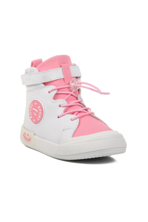 Beyaz-Pudra Cırtlı Lastik Bağcıklı Bilek Boy Kız Çocuk Spor Ayakkabı Sneaker